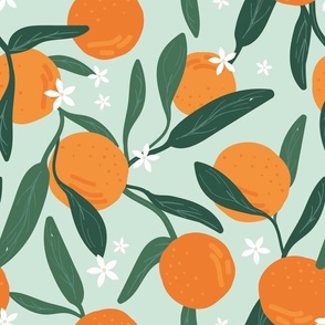 Colorful citrus garden summer fruit design  kitchen wallpaper flowers and oranges soft mint