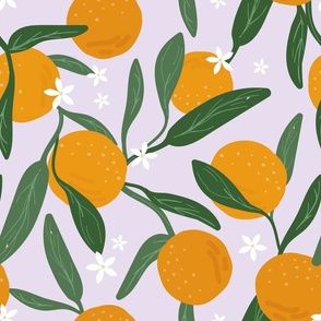 Colorful citrus garden summer fruit design  kitchen wallpaper flowers and oranges soft lilac