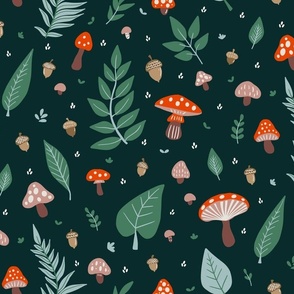 Enchanted Forest Fungi- Whimsical Mushrooms, Acorns and Leaves Design (Dark Green)