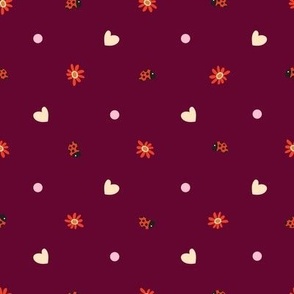 Valentines Flowers Ladybug Hearts and Dots on Deep Burgundy