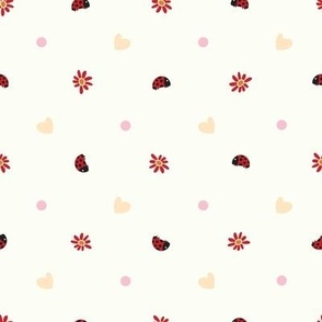 Valentines Flowers Ladybug Hearts and Dots on Off White