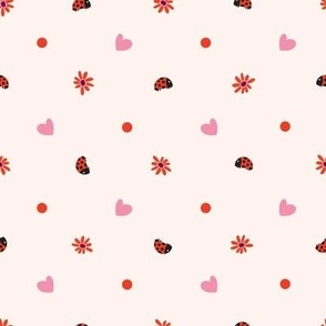 Valentines Flowers Ladybug Hearts and Dots on Pale Pink