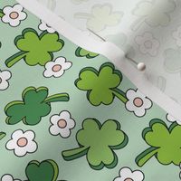 Retro Irish Shamrock - Happy St. Patrick's Day clovers and daisies seventies vintage design green mint matcha on sage SMALL