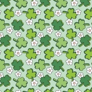 Retro Irish Shamrock - Happy St. Patrick's Day clovers and daisies seventies vintage design green mint matcha on sage SMALL