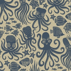 Playful Octopuses - Bubbly Background - Dark Blue - Large Version