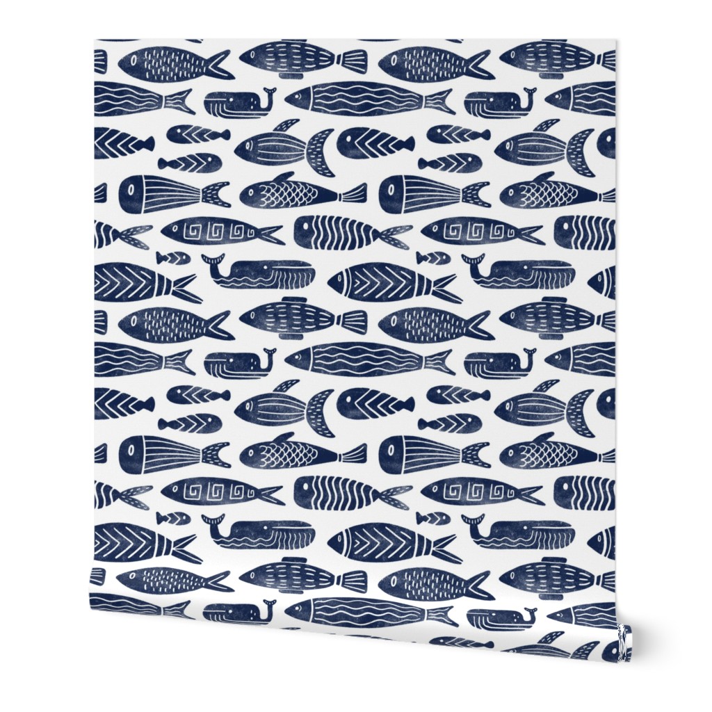 Block print fish navy blue MEDIUM