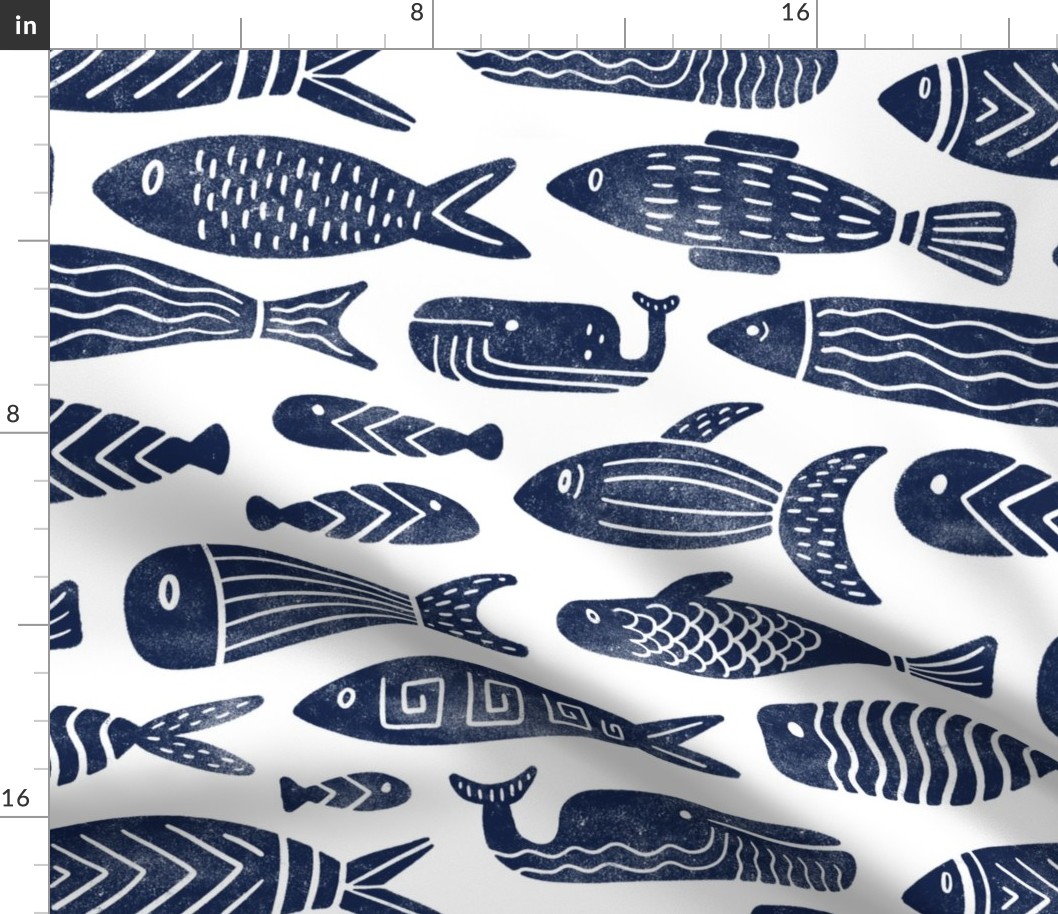 Block print fish navy blue MEDIUM