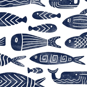 Block print fish navy blue LARGE
