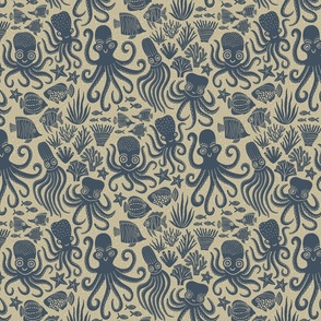 Playful Octopuses - Bubbly Background - Dark Blue - Small Version