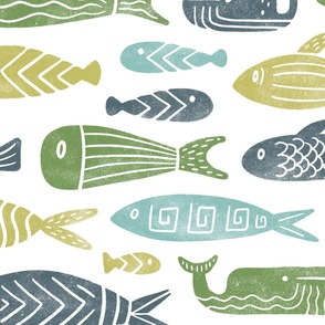 block print fish green LARGE