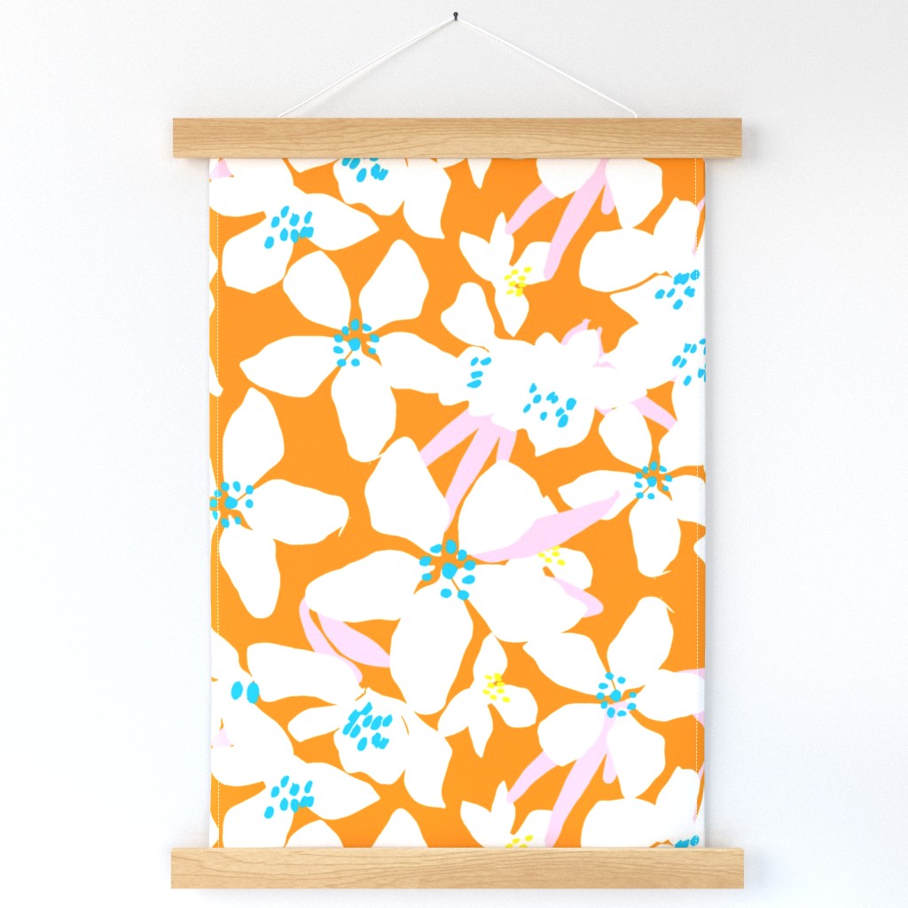 Orange Blossoms Tropical Orange And White Flower Blooms With Pastel Pink And Turquoise Blue Retro Modern Botanical Fruit Tree Grandmillennial Floral Pattern