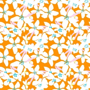 Orange Blossoms Mini Tropical Orange And White Flower Blooms With Pastel Pink And Turquoise Blue Retro Modern Botanical Fruit Tree Grandmillennial Floral Pattern