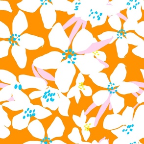 Orange Blossoms Big Tropical Orange And White Flower Blooms With Pastel Pink And Turquoise Blue Retro Modern Botanical Fruit Tree Grandmillennial Floral Pattern