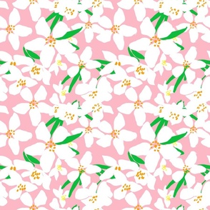Orange Blossoms Mini Tropical Pastel Pink And White Flower Blooms With Yellow And Orange Retro Modern Botanical Fruit Tree Grandmillennial Floral Pattern