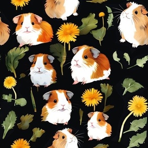 Whimsical Guinea Pigs Fabric - Watercolor Piggies and Dandelions on Black Canvas