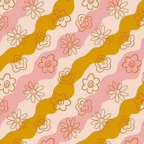 Wave flowers stroke - Vintage mood - Pink and mustard