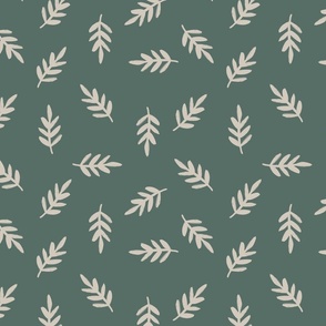 Hand Drawn Tossed Cottagecore Leaves in Beige + Jade Forest Green