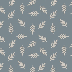 Hand Drawn Tossed Cottagecore Leaves in Beige + Slate Blue