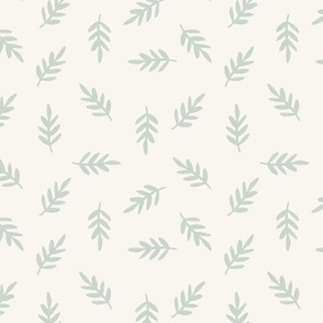Hand Drawn Tossed Cottagecore Leaves in Light Mint Blue + Off White