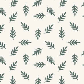 Hand Drawn Tossed Cottagecore Leaves in Jade Forest Green + Off White
