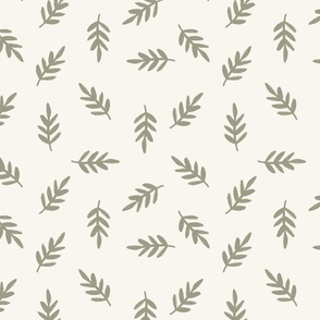 Hand Drawn Tossed Cottagecore Leaves in Sage Green + Off White