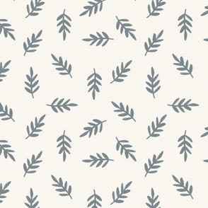 Hand Drawn Tossed Cottagecore Leaves in Slate Blue + Off White