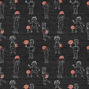 Black Fabric texture backdrop - Cartoon basketball players kids- orange and white-cute and active
