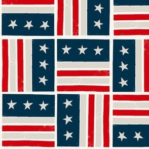 Patriotic Patchwork US Flags for 4th of July in Red Cream + Navy Blue