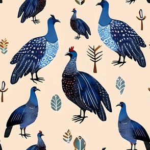 Folk Farm Harmony - Guinea Fowl Birds in Whimsical Folk Style Fabric