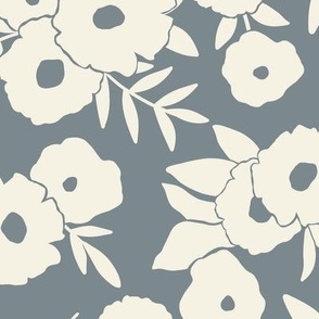 Cottagecore Wildflower Spring Garden in Gray Blue + Off White - LARGE Scale