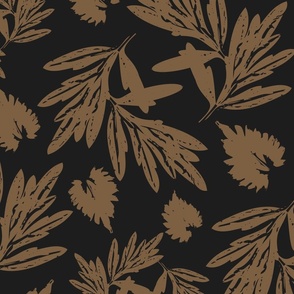 Large scale wild botanical abstract bird garden floral in tan and dark onyx black.