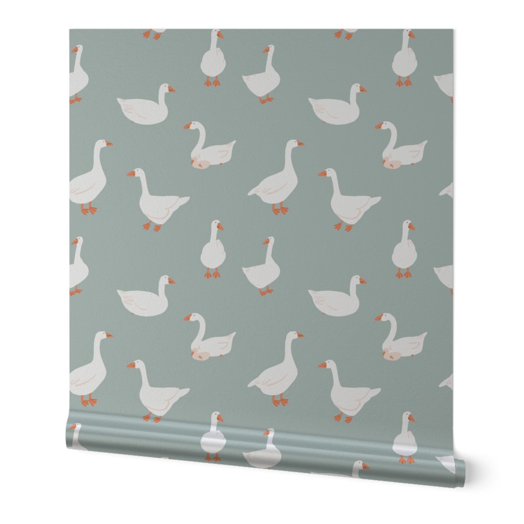 (M) White snow geese, farm goose, on sage green, Medium scale