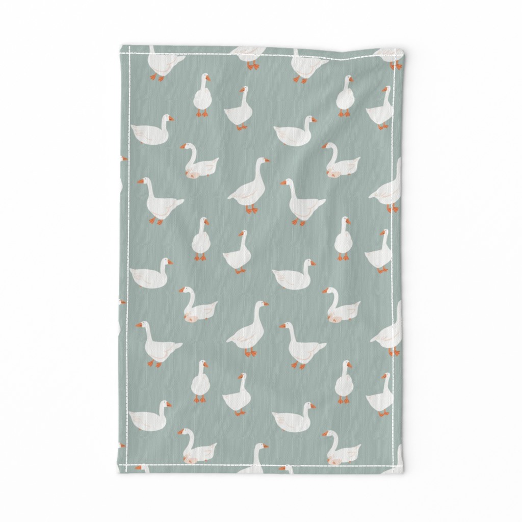 (M) White snow geese, farm goose, on sage green, Medium scale