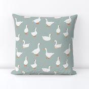 (M) White snow geese, farm goose, on sage green, Medium scale