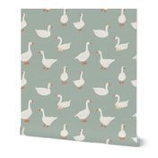 (M) White snow geese, farm goose, on sage green, Medium scale