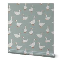 (M) White snow geese, farm goose, on sage green, Medium scale