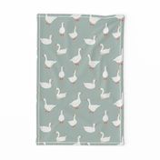 (M) White snow geese, farm goose, on sage green, Medium scale