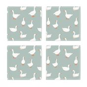 (M) White snow geese, farm goose, on sage green, Medium scale