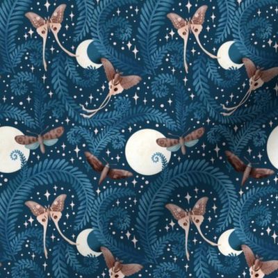 Serene nightsky with mystic moths, moon and fern, blue and cream, small