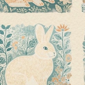 Teal & Orange Rabbit Blockprint (Large Scale)