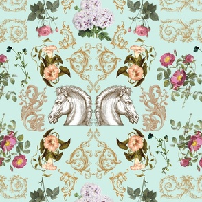 Rococo Horses and Flowers No.1 Turquoise - Medium Version