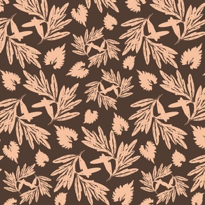 Medium scale wild botanical abstract bird garden floral in Pantone COY Peach Fuzz and dark brown.