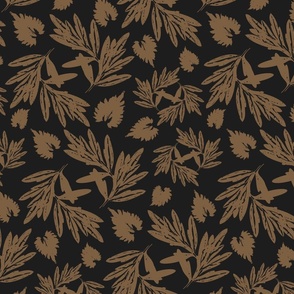 Medium scale wild botanical abstract bird garden floral in tan and dark onyx black.