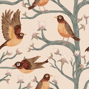 Robins in Magnolia Trees Grandmillennial Chinoiserie ✤ Pristine Peach Puree Linen