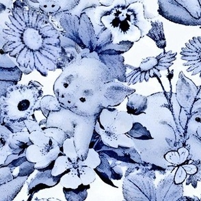 Blue and white happy piglets toile