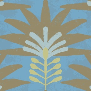 Big & Bold Abstract Tropical Floral Wallpaper in textured seaside blue, baby blue, light yellow and chocolate brown