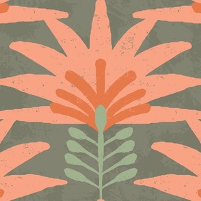 Big & Bold Abstract Tropical Floral Wallpaper in textured coral, salmon pink, jade green and deep green