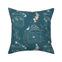 Fairy tale bird cages with peacocks and flowers in teal blue and pink