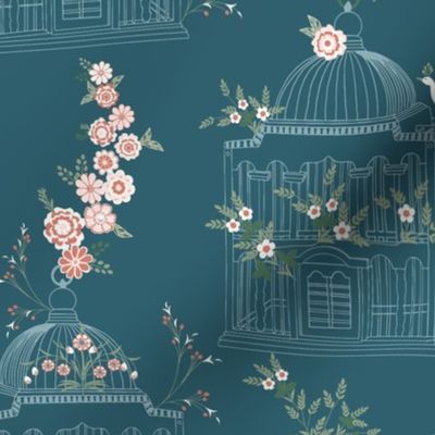 Fairy tale bird cages with peacocks and flowers in teal blue and pink