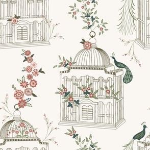 Fairy tale bird cages with peacocks and flowers in autumn colors on cream